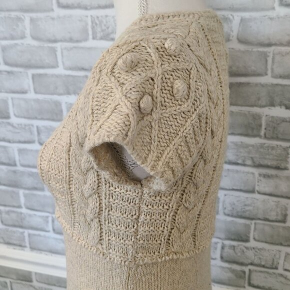 Button Wool V-neck Wrap Front Sweater Dress Cable Knit Short Sleeve Knee Length - Picture 3 of 11